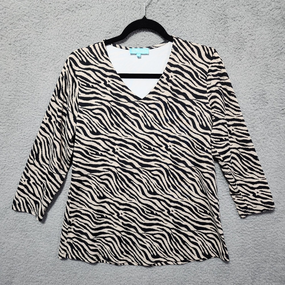 Anthony's Resort Wear 3/4 Sleeves Black Tan Zebra Print Stretch Size Medium